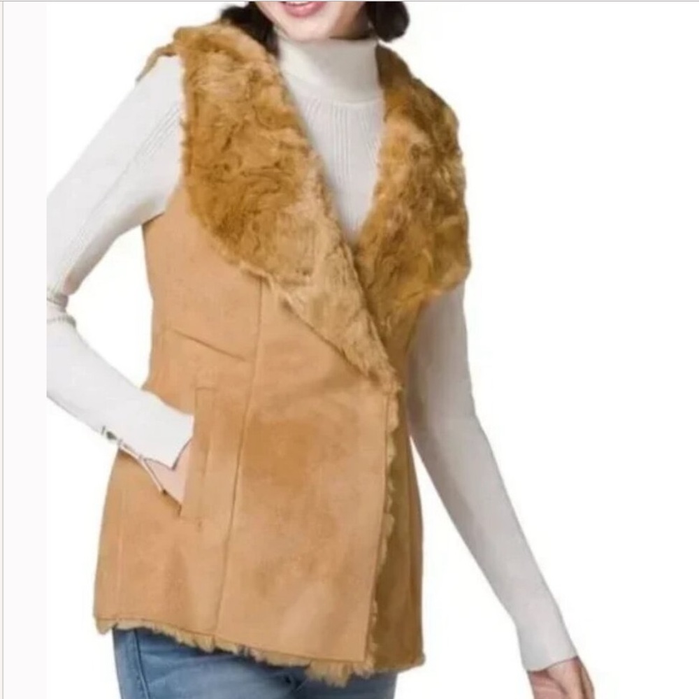 WHBM TAN FAUX SUEDE FUR ACCENT VEST